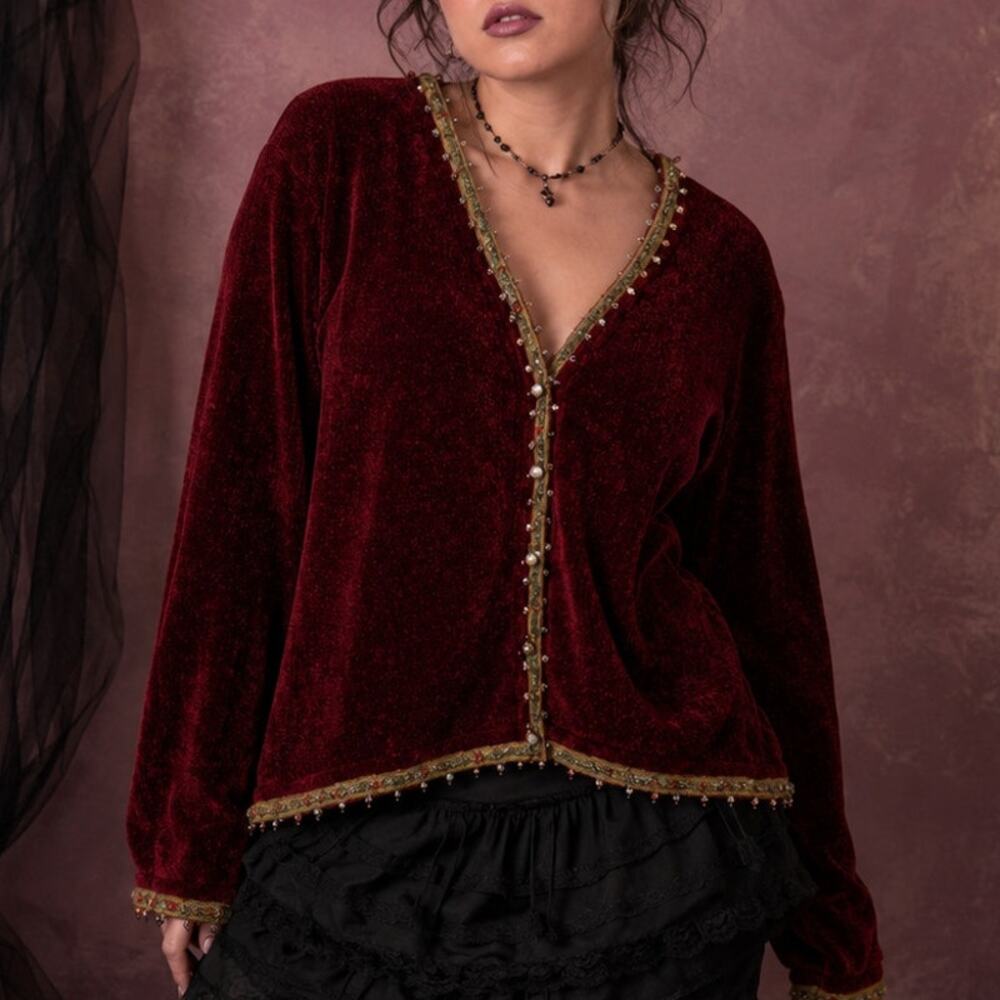 Sweater Sweater Burgundy Chenille Beaded Cardigan XL Vintage 90s Whimsygoth Boho